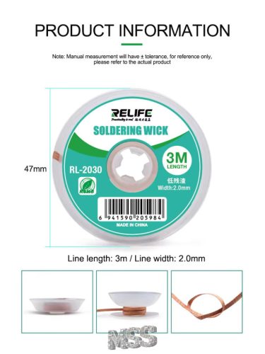 ReLife RL-2030 2.0mm x 3.0m Solder Wick - Efficient Desoldering Tool for Electronics Repair